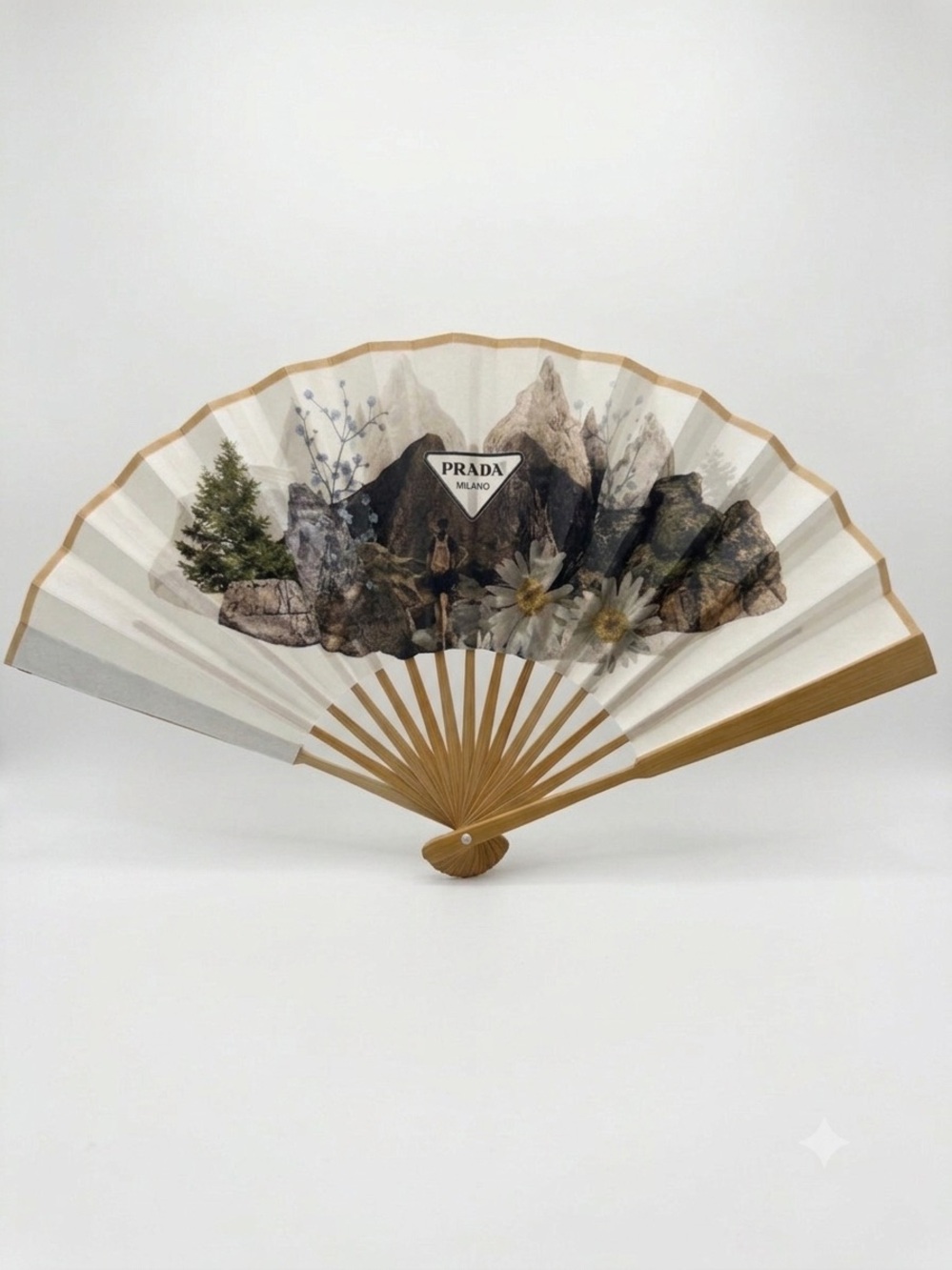 Prada White Folding Fan with Tan Wooden Ribs and Mountain Floral Print